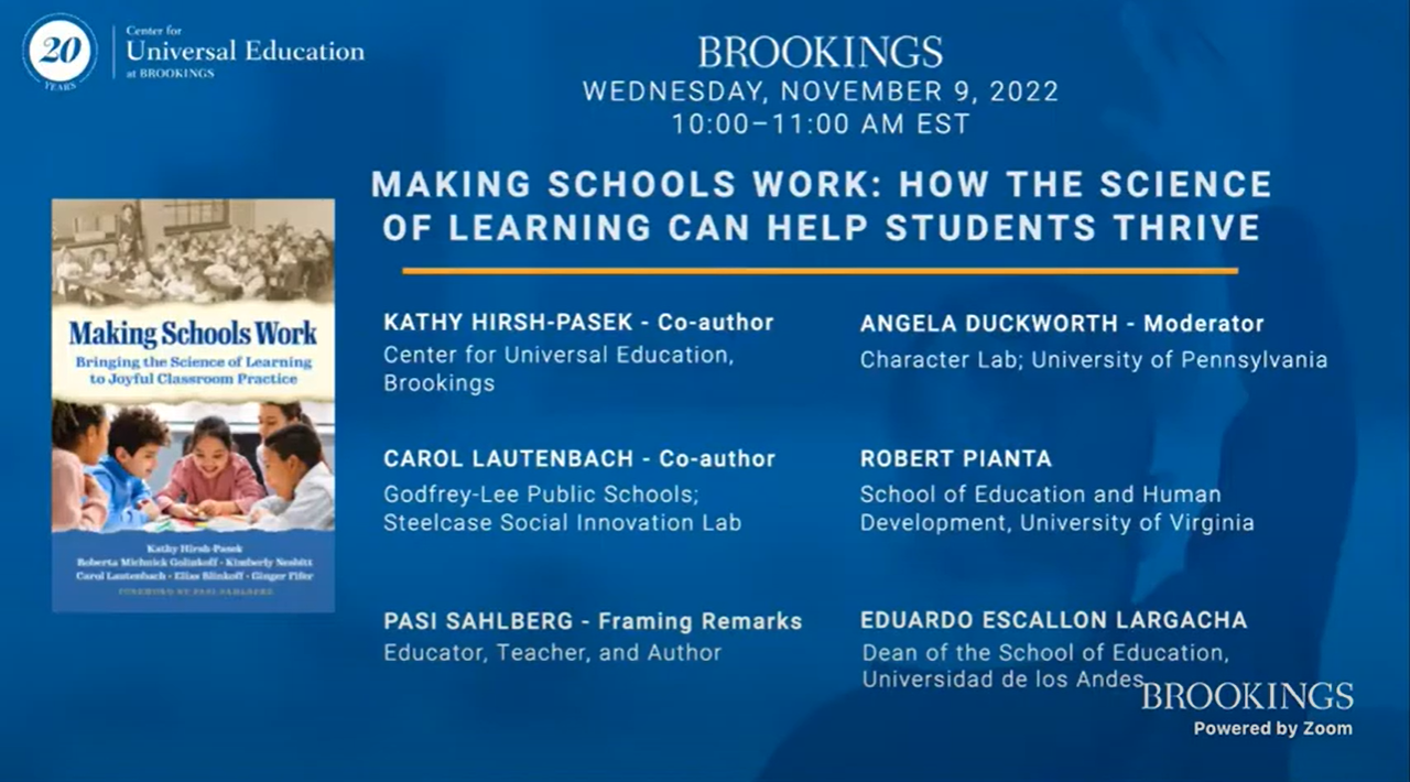 [VIDEO] Making Schools Work book launch with Kathy HirshPasek, Angela