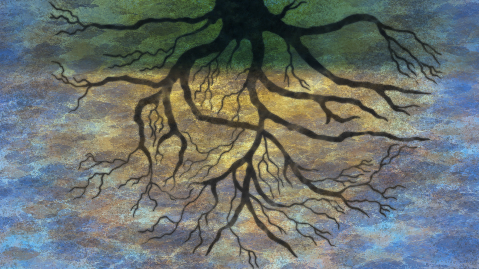 A moody illustration by Michael Lozar of tree roots against a sea-like background.