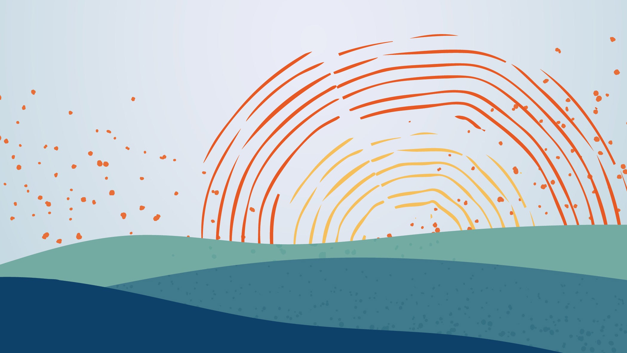 A stylized sun (yellow and orange arcs) rising over green and blue hills.