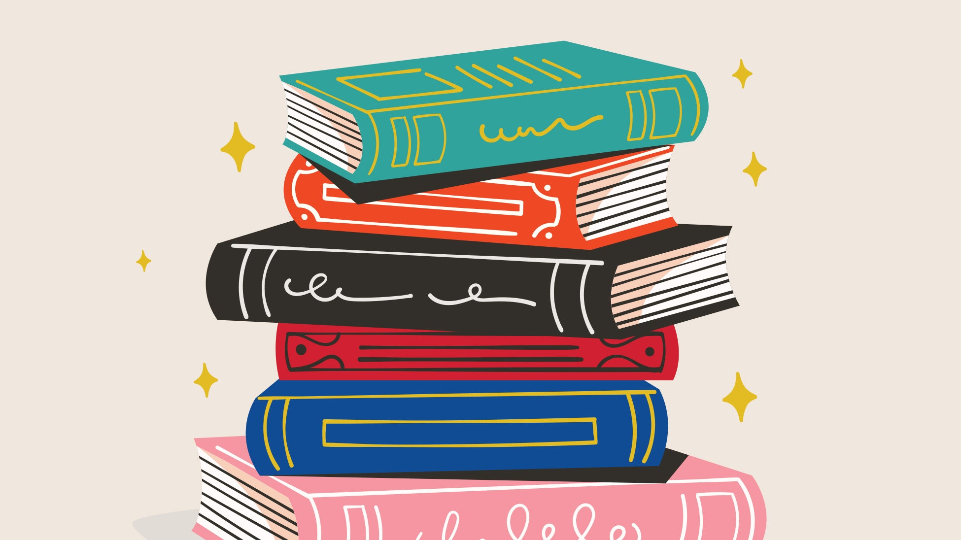 A colorful illustration of stacked books in a comical style.