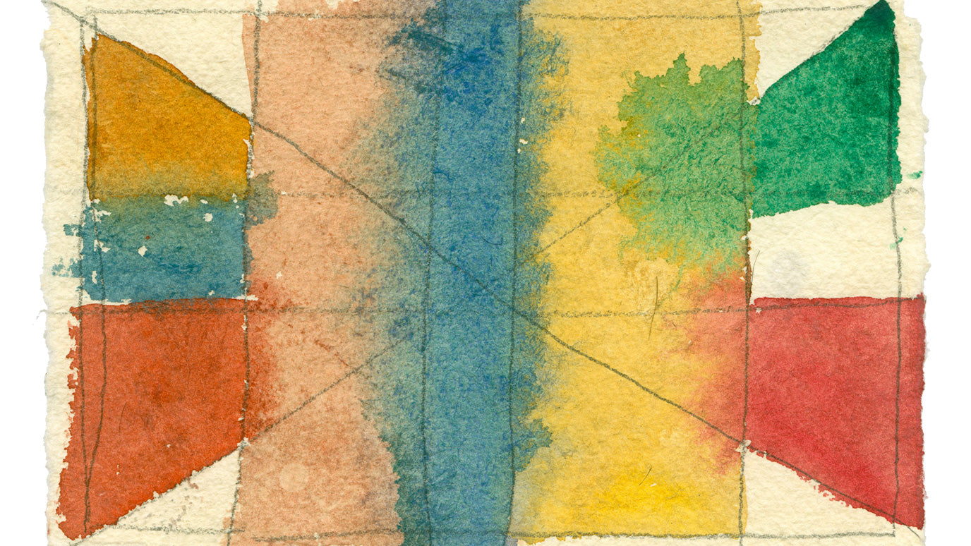 A rustic watercolor of bisecting geometrical shapes in primary colors by Louise Fishman.