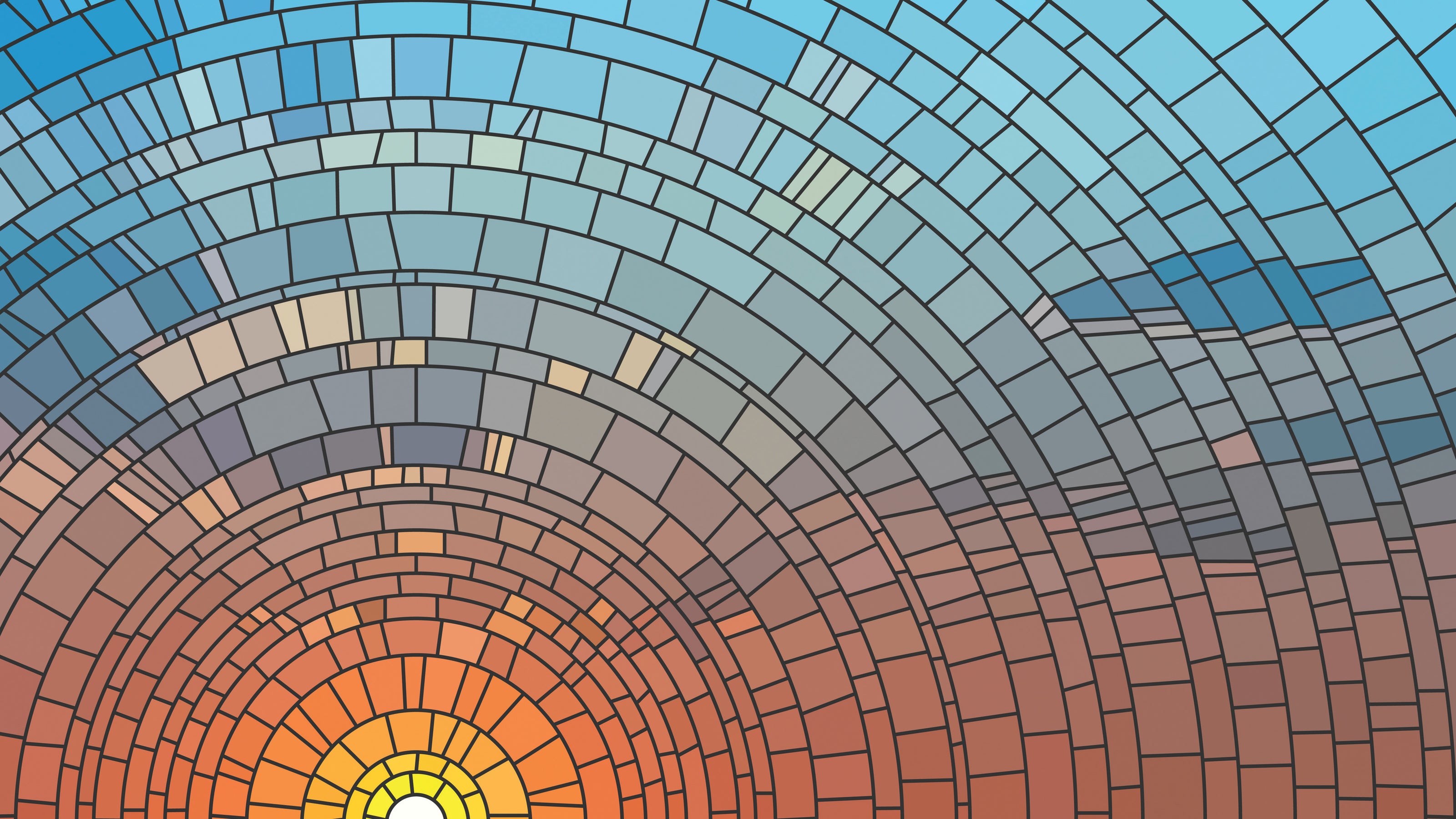 A sunrise in the style of a leaded-glass windowpane, gradating from bright yellow to cold cyan.